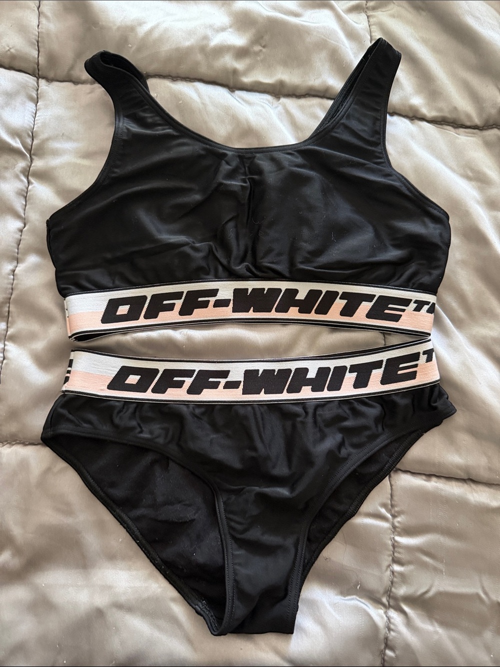 Off-White Black Two-Piece Logo Swimsuit with Pink Accent Bands